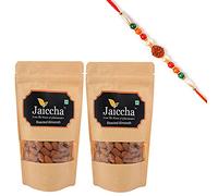 Jaiccha Ghasitaram Rakhi Gifts for Brothers Rakhi Dryfruits - Roasted Salted American/ California Almonds 400 GMS in Brown Paper Pouch with Rudraksh Rakhi