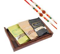 Jaiccha Ghasitaram Rakhi Gifts for Brothers Rakhi Dryfruits - Set of 2 Striped Wooden Trays Cashews, Almonds and Raisins with 2 Rudraksh rakhis