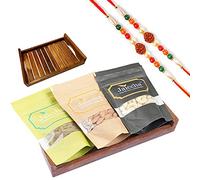 Jaiccha Ghasitaram Rakhi Gifts for Brothers Rakhi Dryfruits - Striped Wooden Tray of Cashews, Almonds and Raisins with 2 Rudraksh rakhis