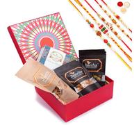 Jaiccha Ghasitaram Rakhi Gifts for Brothers Red Hamper Box of Assorted Bites, Crunchy Coated Cashews, Crunchy Coated Peanuts, Butter Chakli Sticks with 5 Rakhis