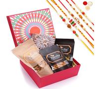 Jaiccha Ghasitaram Rakhi Gifts for Brothers Red Hamper Box of Kaju Katlis, Crunchy Coated Cashews, Crunchy Coated Peanuts, Butter Chakli Sticks with 5 Rakhis