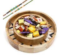 Jaiccha Ghasitaram Rakhi Gifts for Brothers Set of 2 Round Printed Trays of Assorted Bites and Cookies with 2 Green Beads Rakhis
