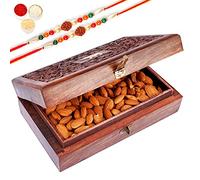 Jaiccha Ghasitaram Rakhi Gifts for Brothers Wooden Craving Jewellery Box with Almonds with 2 Rudraksh Rakhis