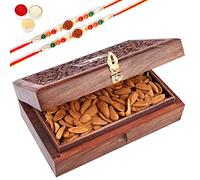 Jaiccha Ghasitaram Rakhi Gifts for Brothers Wooden Craving Jewellery Box with Mamra Almonds with 2 Rudraksh Rakhis