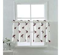 JAIJY Vintage Semi Red Floral Embroidered Cotton Polyester Fabric Display Window Valances Decorative Rod Pocket Curtain for Kitchen Farmhouse, 29" x 24", 1 Piece, 24 inches Length, White