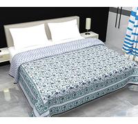 Jaipur Dohar Reversible 100% Cotton Lightweight Blanket, Indian Blanket, AC Blanket Throw, 90x 108'' (Blue Green Floral)