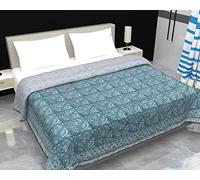 Jaipur Dohar Reversible 100% Cotton Lightweight Blanket, Indian Blanket, AC Blanket Throw, 90x 108'' (Green Grey Net)