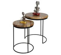 Jaipur Furniture Ltd Ravi Iron Base Solid Wood Top Round Stool (Set of 2) - L44 x W44 x H49 cm - Mango Light Finish in Brown Jaipur Furniture Ltd Brown
