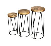 Jaipur Furniture Ltd Ravi Iron Base Solid Wood Top Round Stool (Set of 3) - L30 x W30 x H69 cm - Mango Light Finish in Brown Jaipur Furniture Ltd Brown