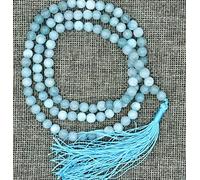 Jaipur Gems Mart Natural AAA Aquamarine 108 Mala Necklace| Aquamarine Mala|108 Prayer Beaded Mala Necklace| Hand Knotted Mala Bracelet | Japa Mala| 8mm Round Beads| Meditation Tassel |Buddhist Mala