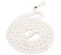 Jaipur Gems Mart Natural Rainbow Moonstone 108 Mala Necklace, Hand Knotted, Meditation Tassel, Buddhist Mala, 8mm Round Beads, Unisex, White