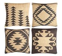 JAIPUR KILIM RUGS Set of 4 Geometric Wool Jute Square Throw Pillow Covers -Decorative 18 x 18 Inches Multicolour Cushion Covers Perfect for Sofa/Couch/Bed/Home/Outdoor/Car (Multicolour - 10)