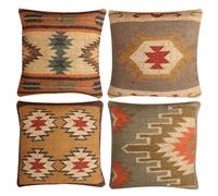 JAIPUR KILIM RUGS Set of 4 Geometric Wool Jute Square Throw Pillow Covers -Decorative 18 x 18 Inches Multicolour Cushion Covers Perfect for Sofa/Couch/Bed/Home/Outdoor/Car (Multicolour - 12)