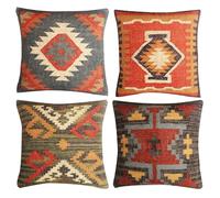 JAIPUR KILIM RUGS Set of 4 Wool Jute Vintage Kilim Cushion Covers,Home Decor Pillowcases Handwoven Turkish Pillow Decorative Throw Pillow Covers (Multicolor-5)
