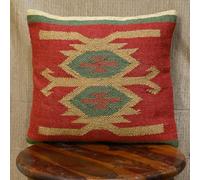 JAIPURI KILIM RUGS Klim Jute Pillow Cover Boho Tribal Decorative Throw Pillow Case, Handwoven Kilim-Style Burlap Cushion Cover for Sofa (Cover Only) (1, WKJ_Multi Colour_C_25) 18" x 18" (Pack of 1)