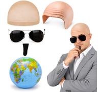 JaiZvt 5Pcs Bald Cap Costume Kit, Mr Worldwide Fancy Dress Accessory Set | includes bald cap and sunglasses, soul-patch, inflatable globe & hair net for Men Halloween Theme Party