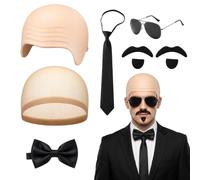 JaiZvt 7-Piece Bald Cap Costume Set, Men's Fancy Dress Accessories | Mustaches and Ties for Mr Worldwide Party Outfits