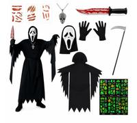 JaiZvt Scream Mask, Ghostface Costume, 10 Pcs Complete Ghost Face Outfit for Spooky Parties and Trick or Treat Events, Includes Robe, Mask, Gloves, Scythe, Necklace and Glow-in-the-Dark Stickers