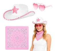 JaiZvt White Cowboy Hat, Cowboy Hat Women, 3 Pcs Sequin Western Hat Accessories Matching Bandana and Sunglasses, Cowgirl Costume Accessories for Fancy Dress Festivals