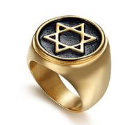 JAJAFOOK Hexagram Six-Pointed Jewish Star of David Inlay Wedding Band Rings for Men, Gold-Tone Tone, Stainless Steel, No Gemstone