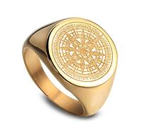 JAJAFOOK Mens Vintage Round Compass Signet Ring, Stainless Steel Nautical Compass Rings, Gold