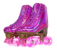 JajaHoho Roller Skates for Women, Magenta Holographic High Top PU Leather Rollerskates, Double-Row Four barbie pink fushcia Light up Wheels Quad Skates for Girls Age 8-50 Indoor Outdoor (Plum, US 7)