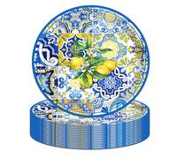 Jajajuegos 24PCS Capri Lemon Paper Plates 7 Inch Tiles Lemons Guest Party Plate Disposable Royal Blue and White Mediterranean Lemon Dessert Plates for Positano Lemons Holiday Party Decorations