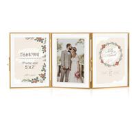 Jajamy Gold Floating Frames, Vintage 5x7 Triple Folding Picture Frame, Hinged Glass Picture Frames with Three Opening for Artwork Photo Stand on Tabletop