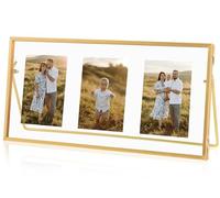 Jajamy Gold Floating Picture Frame, Tempered Glass Floating Frames Fit for 3-Photo 2x3, Vintage Gold Collage Picture Frame for Tabletop Display (Horizontal)
