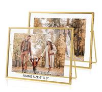 Jajamy Set of 2 Gold Floating Picture Frame for 5x7 Photos, Glass Pressed Picture Frames, Horizontal Standing Tabletop Glass Floating Frame for Home Decor