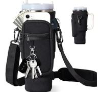 Jakelove Stanley Water Bottle Carrier, 1.2L, Black Stanley Cup Accessories, Multifunctional Bottle Bag with Phone Pocket, Card Slot, Mountaineering Buckle and Key Chain