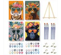Jakener 4 Pack Animal Paint by Numbers for Adults with Frame,Painting by Numbers for Adults with Wooden Easel,Tigers Cows Elephant Chimpanzee DIY Paint by Numbers Kits for Home Wall Decor 8x12inch