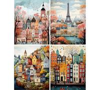 Jakener 4 Pack Diamond Art Kits Adults, Cityscape Diamond Painting Kit for Adults Beginner, DIY Full Round Drill Crystal Gem Art Craft, 5D Adults Paint by Diamonds Dots for Home Wall Decor 12x16 Inch