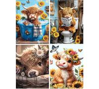 Jakener 4 Pack Highland Cow Diamond Art Kits Adults, Diamond Painting Kit for Adults, Fun 5D DIY Full Round Drill Crystal Gem Art Craft, Paint by Diamonds Dot for Home Wall Decor 12x16 Inch