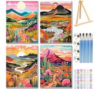 Jakener 4 Pack Paint by Numbers for Adults with Frame,Painting by Numbers for Adults with Wooden Easel,Mountain Sun Moon Landscape DIY Paint by Numbers Kits for Home Wall Decor 12x16inch