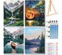 Jakener 4 Pack Paint by Numbers for Adults with Frame,Painting by Numbers for Adults with Wooden Easel,Mountain Lake Landscape DIY Paint by Numbers Kits for Home Wall Decor 12x16inch