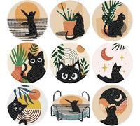 Jakener 8 Pcs Black Cat Diamond Art Painting Coasters Kits, Coaster with Holder for Adults, Non-Slip DIY Dot Paint Craft Kits,5D Full Drill DIY Diamond Dot Gem Art Kit Home Decor Arts Craft
