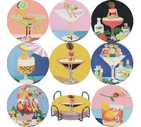 Jakener 8 Pcs Diamond Art Coasters Kits Adults with Holder, Beauty Cocktail Diamond Painting Coasters for Adults Kids, Fun 5D DIY Full Round Drill Diamond Dot Crystal Gem Art Craft Supplies