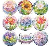 Jakener 8 Pcs Flower Diamond Art Coasters Kits Adults with Holder, Diamond Painting Coasters for Adults Kids, Fun 5D DIY Full Round Drill Diamond Dot Crystal Gem Art Craft Supplies