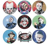 Jakener 8 Pcs Halloween Diamond Art Painting Coasters Kits,Horror Coaster with Holder for Adults, Non-Slip DIY Dot Paint Craft Kits,5D Full Drill DIY Diamond Dot Gem Art Kit Home Decor Arts Craft