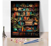 Jakener Book Paint by Numbers for Adults with Frame,Bookshelf Plants Painting by Numbers for Adults DIY Paint by Numbers Kits for Home Wall Decor 12x16inch