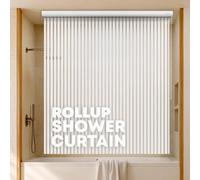 Jakooz Ceiling Mounted Rollup Bathroom Shower Curtain/Liner 56" Base - Up to 95" Long - Use for 9' Ceilings - Waterproof PEVA - Plastic Shower Curtains for Bathroom - No Rod, Hooks or Rings (Stripe)