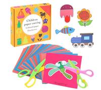JALEVID Kids Plastic Scissors 2 PCS with 96 Colorful Animal Fruit Paper-Cuts for Art Craft, Children Preschool Training Safety Plastic Scissors for Art Craft, Child Papers Cuts
