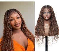 JALIZA Human Hair Boho Curls Hand Tied Full Lace Wig - Small Box Braids Pre-Cut Swiss HD Lace Lightweight Pre Plucked Knotless Boho Braided Wig (1B/30 Ombre Brown, 61.0 cm, Full (100 Braids))