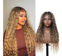 JALIZA Human Hair Boho Curls Hand-Tied Full Lace Wig - Small Box Braids Pre-Cut Swiss HD Lace Lightweight Pre Plucked Knotless Boho Braided Wig (1B/27 Honey Blonde, 61.0 cm, Full (100 Wefts))