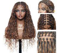 JALIZA Human Hair Boho Curls Hand Tied Full Lace Wig - Small Box Braids Pre-Cut Swiss HD Lace Lightweight Pre Plucked Knotless Boho Braided Wig (1B/30 Ombre Brown, 61.0 cm, Full (100 Braids))