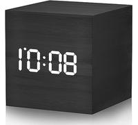 JALL Digital Alarm Clock, with Wooden Electronic LED Time Display, 3 Alarms, 12/24H, Adjustable Brightness/Volume, Snooze, Sound Control, 2.5-inch Cubic Small Clocks for Bedroom, Desk (Dark Wood)