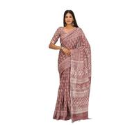 JALTHER Handicrafts Women's Ikat Hand Block Print Jaipuri Cotton Linen Saree with Blouse Piece, Purplecerry_331, One Size