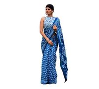 JALTHER Handicrafts Women's Ikat Hand Block Print Jaipuri Cotton Mulmul Saree with Blouse Piece, Multicolor88, One Size