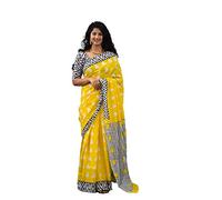 JALTHER Handicrafts Women's Ikat Hand Block Print Jaipuri Cotton Mulmul Saree with Blouse Piece, Multicolor88, One Size